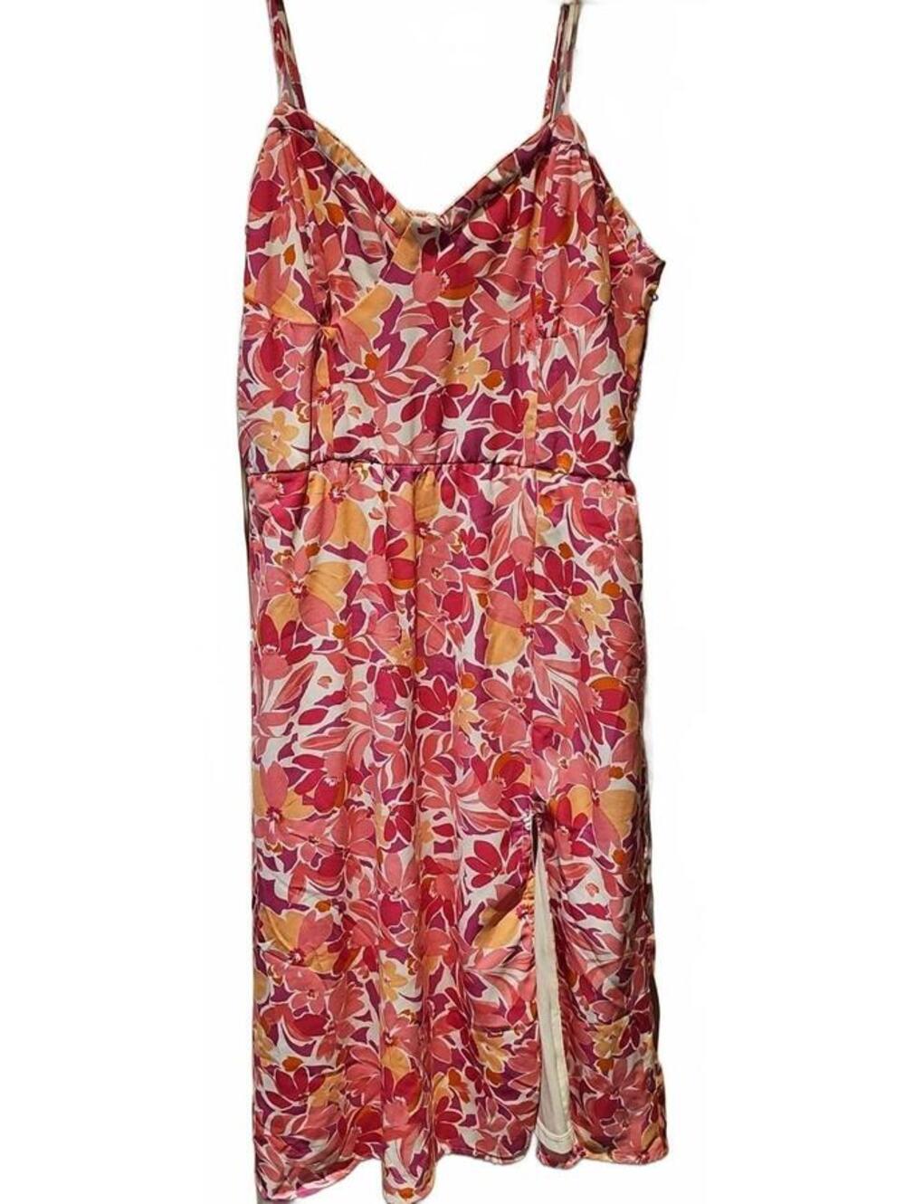 Jessica Simpson Pink Floral Midi Dress XL Smocked Back Slit Adjustable Straps